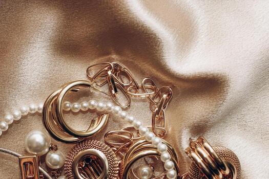 women s jewelry gold chain trendy jewelry on a silk background photo